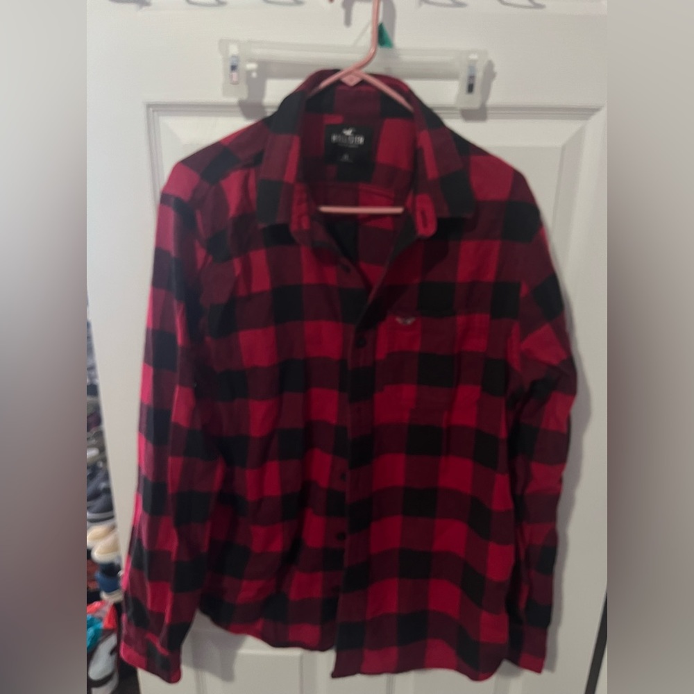 Hollister Shirt Mens XL Flannel Plaid Outdoors Work Red Black